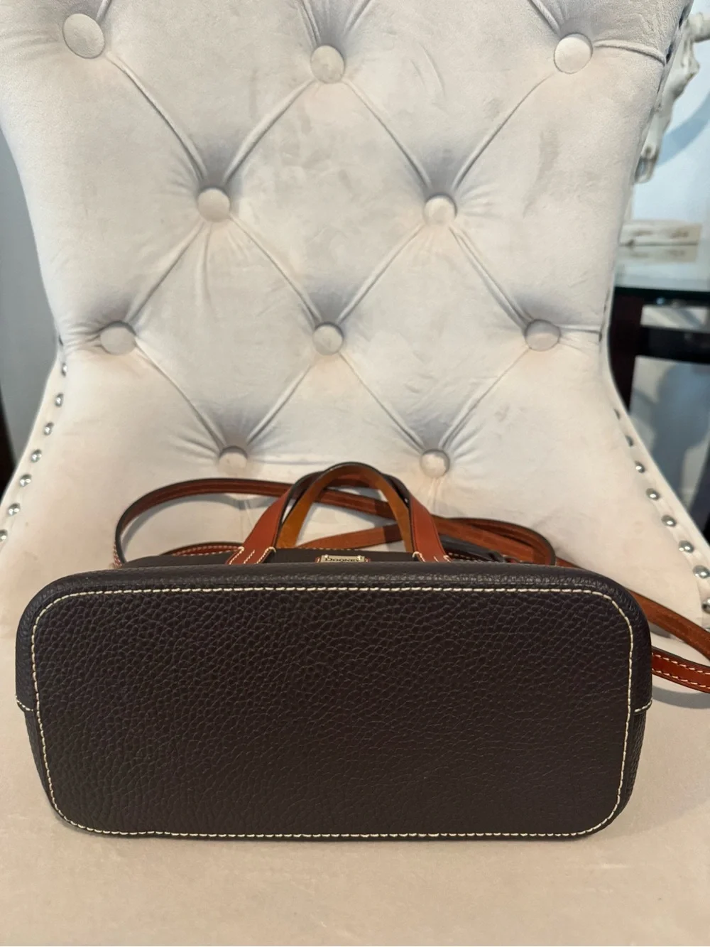 Dooney & Bourke Brown Pebbled Leather Satchel with Tan Trim